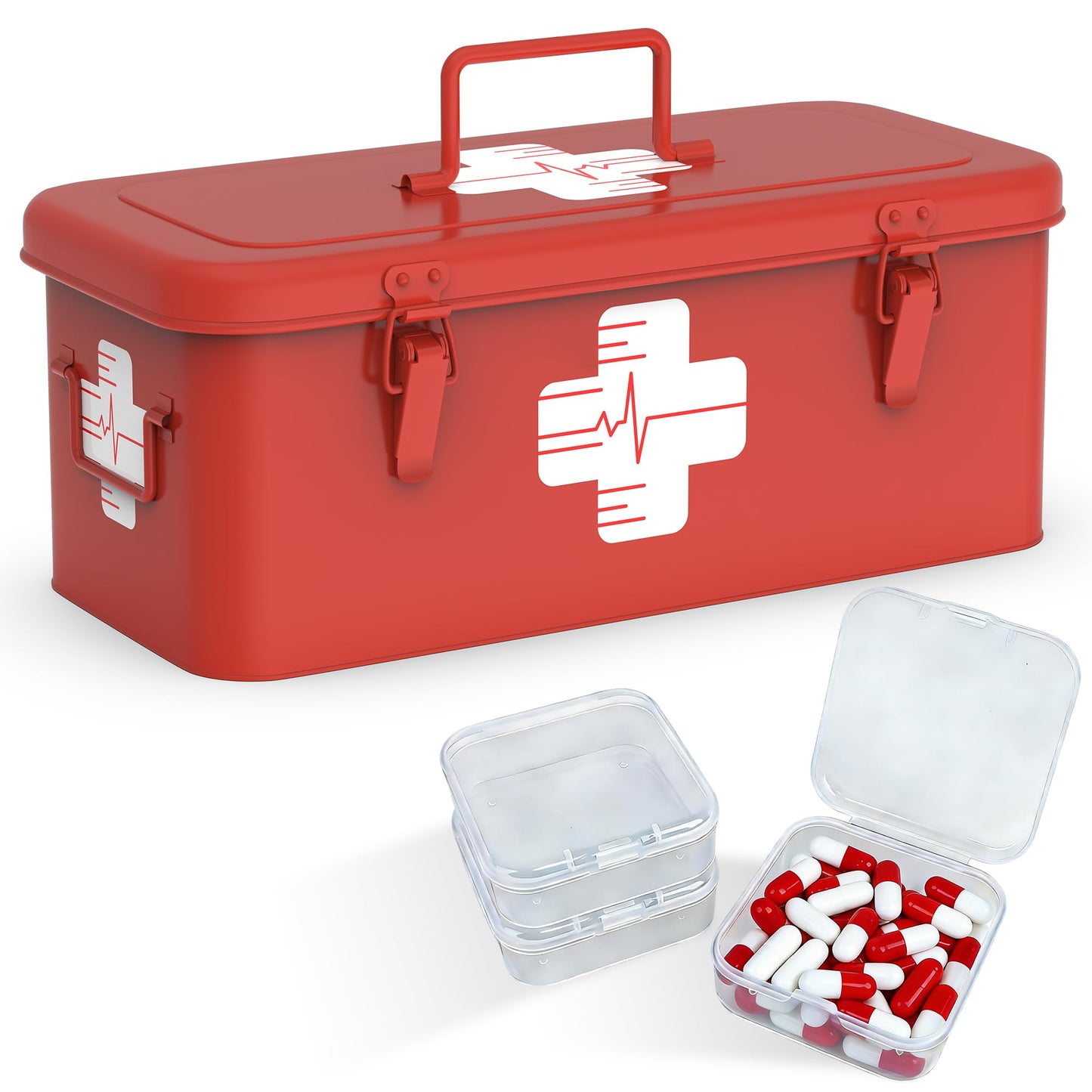 Orionstar First Aid Medicine Box, First Aid Cabinet with Top Handle, Metal Medicine Storage Tin with 3 Portable Medicine Boxes