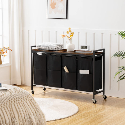 HOOBRO Laundry Basket, Laundry Sorter 4-Compartments, Rolling Laundry Cart with Shelves, Laundry Hamper, Pull-Out and Removable Bags, 4 x 39.8L,