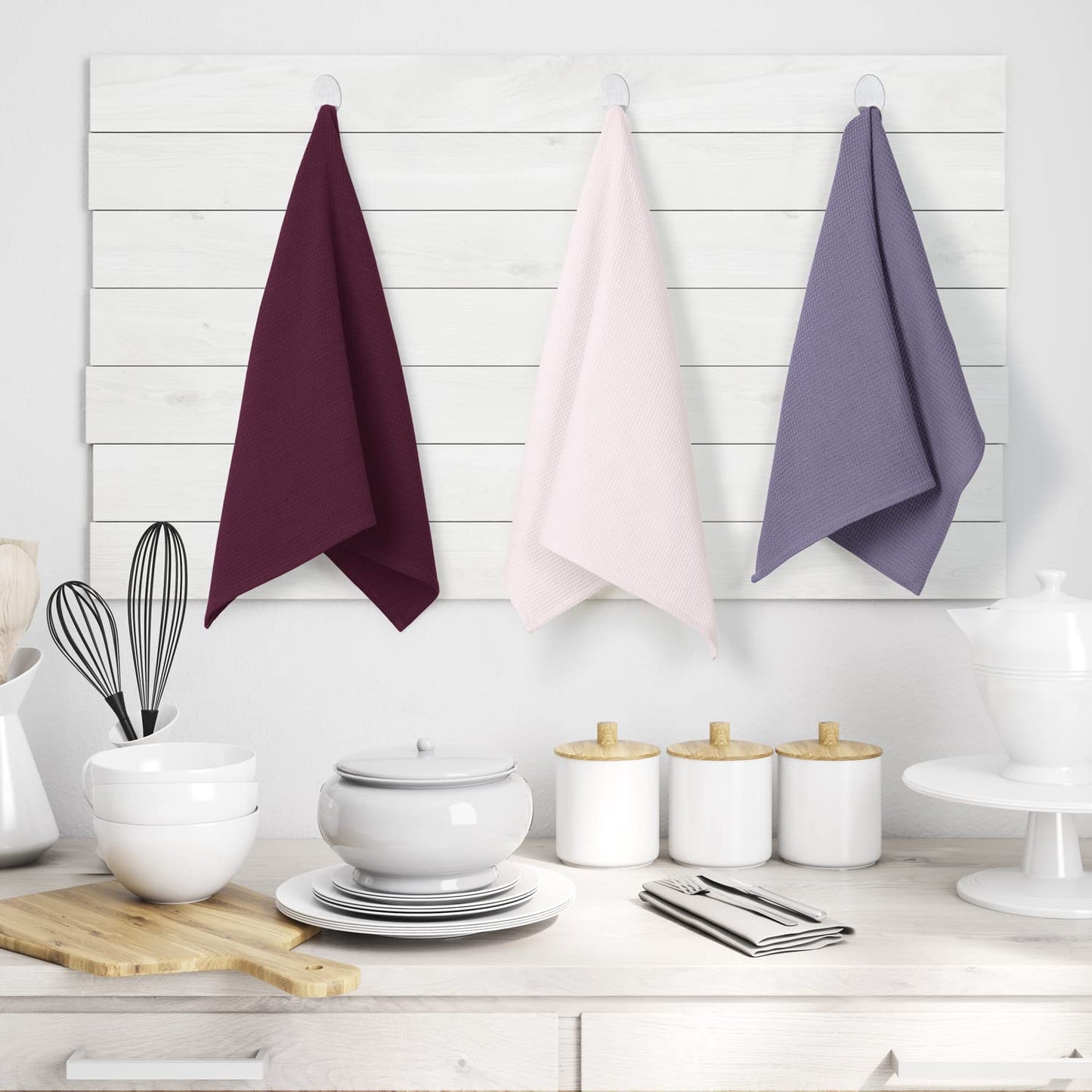 AmeliaHome Set of 3 tea towels, cotton, kitchen towels, 50 x 70 cm, waffle pique, waffle fabric, Letty purple, powder pink