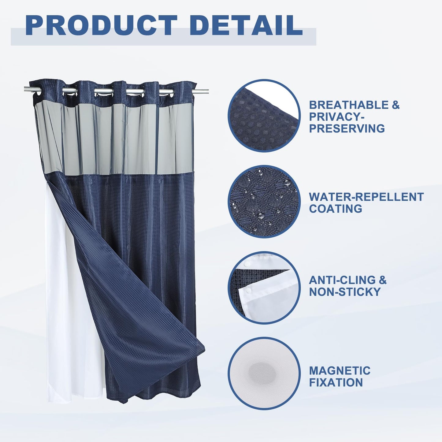 DTGN No Hook Shower Curtain, 180Wx183L cm Polyester Snap-in Removable Liner Set, Waterproof Washable Waffle Weave Textured Shower Curtains for Home