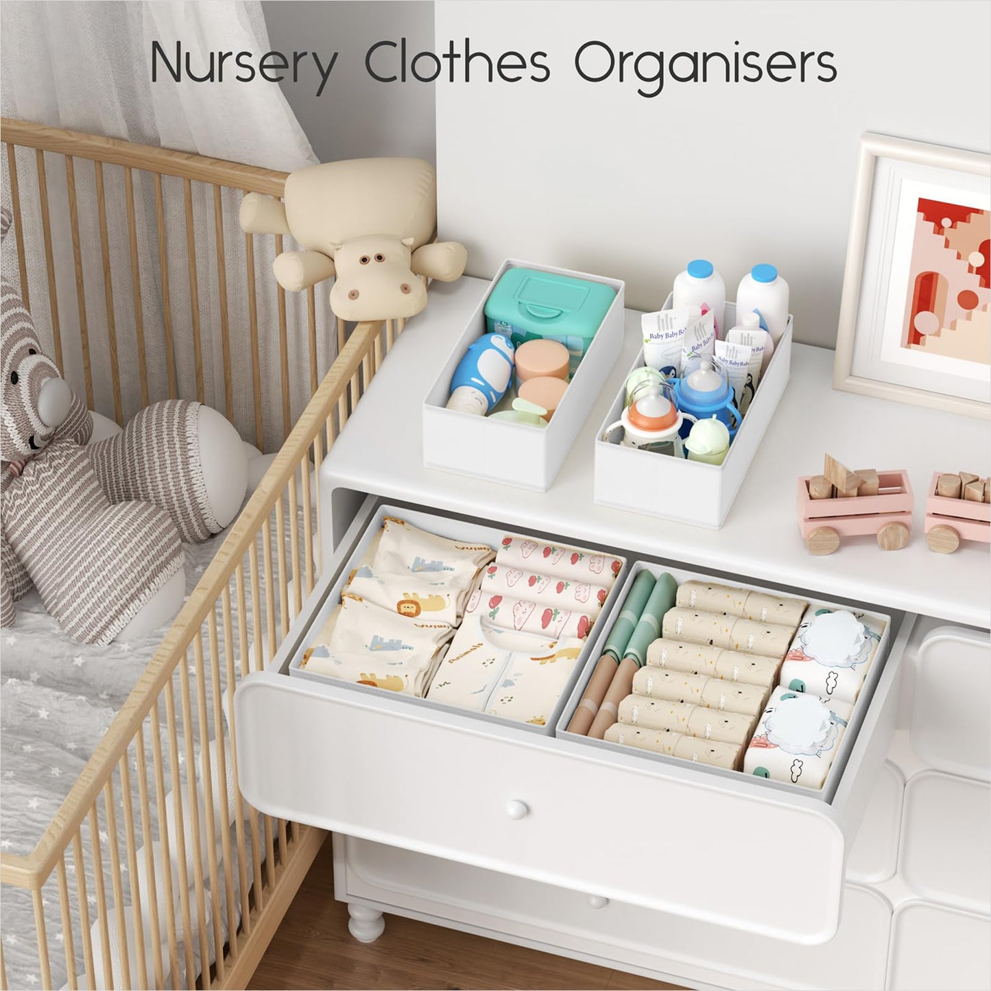 8 Pack Drawer Organiser Clothes - Baby Drawer Dividers with Zipper White