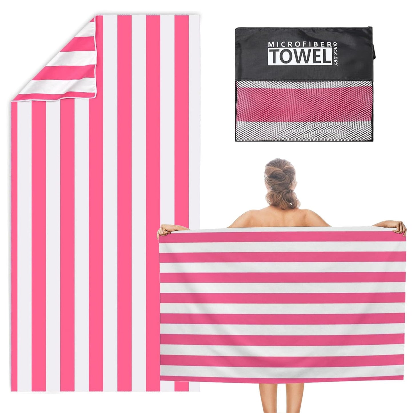Pink Stripe Large Beach Towel,Microfibre Beach Towel,160x80cm Extra Large Sand Free Beach Towels for Adults,Soft and Lightweight Quick Dry Beach
