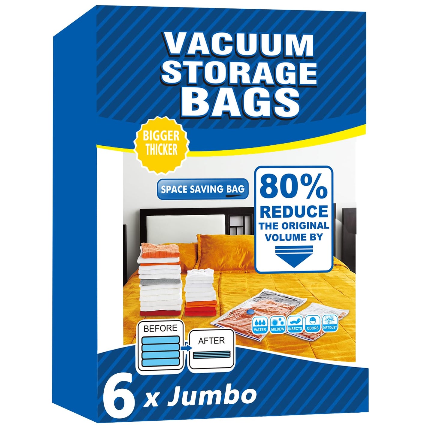 Vacuum Storage Bags - 6 Pack Jumbo (80X100cm) Space Saver Sealer Compression Bags, Reusable Vacuum Bags for Storage Clothes, Duvets, Bedding, Quilts