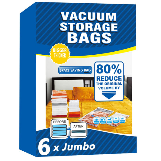 Vacuum Storage Bags - 6 Pack Jumbo 80X100cm Space Saver Sealer Compression Bags, Reusable Vacuum Bags for Storage Clothes, Duvets, Bedding, Quilts