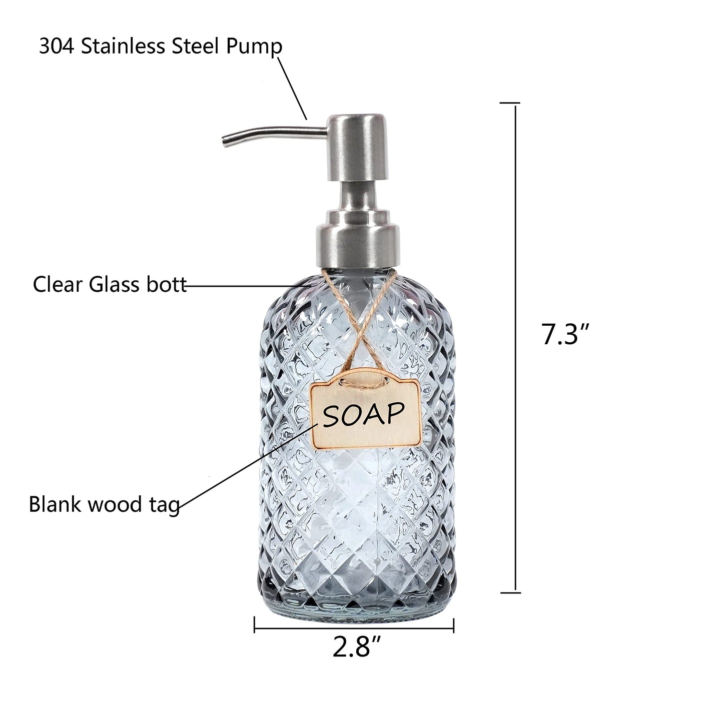 Bathroom & Kitchen Glass Hand and Dish Soap Dispenser with 304 Rustproof Stainless Steel Pump (Grey)