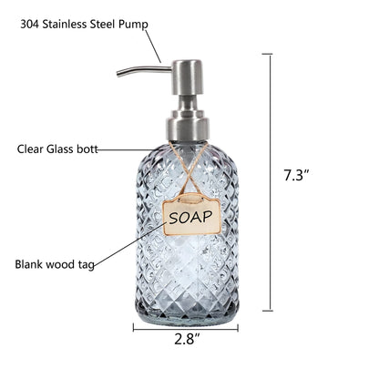 Bathroom & Kitchen Glass Hand and Dish Soap Dispenser with 304 Rustproof Stainless Steel Pump Grey