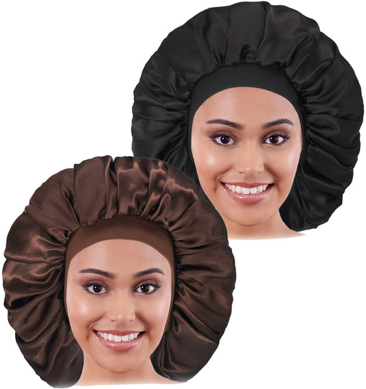 CACASO 2PCS Large Satin Sleep Cap, Raibaubl Silk Bonnet with Elastic Soft Band, Jumbo Cap for Braids, Natural Long, Curly Hair (Black+Brown)