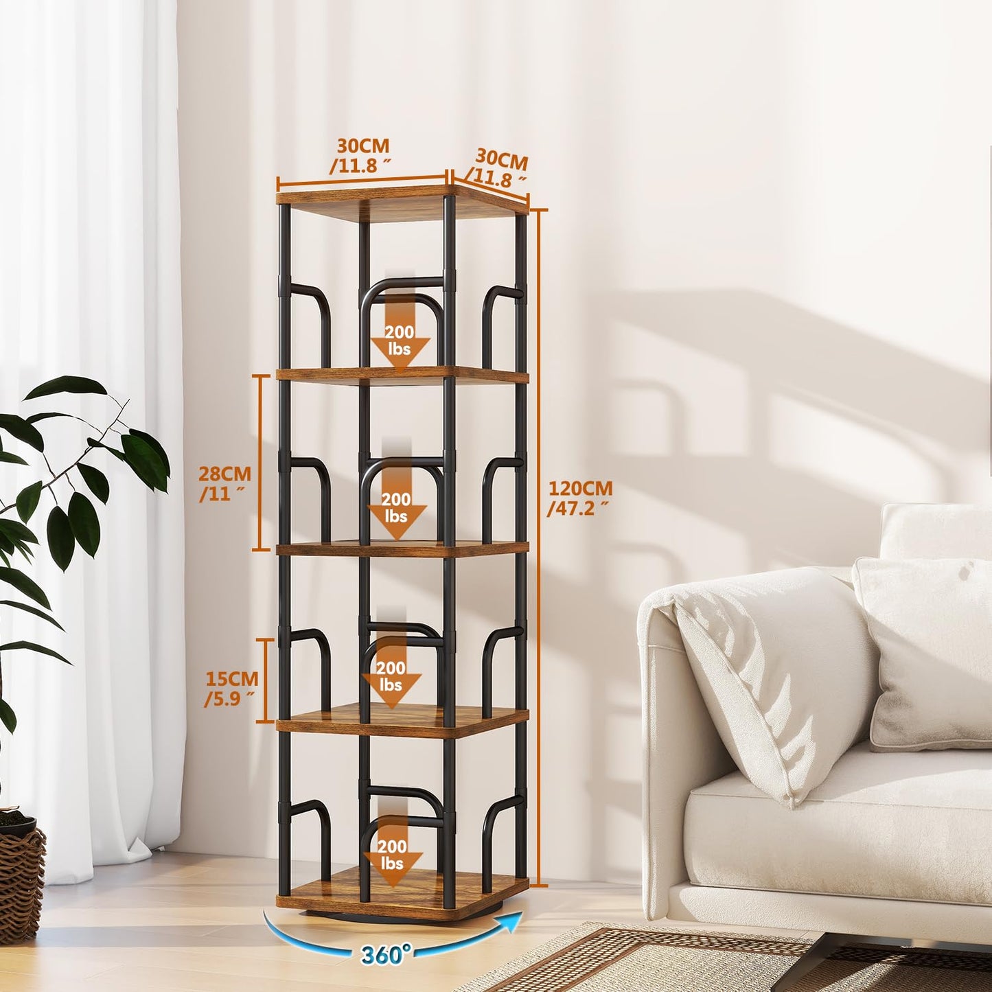 IBUYKE 5 Tier Rotating Bookshelf,Square Bookcases,Brown TBC004H