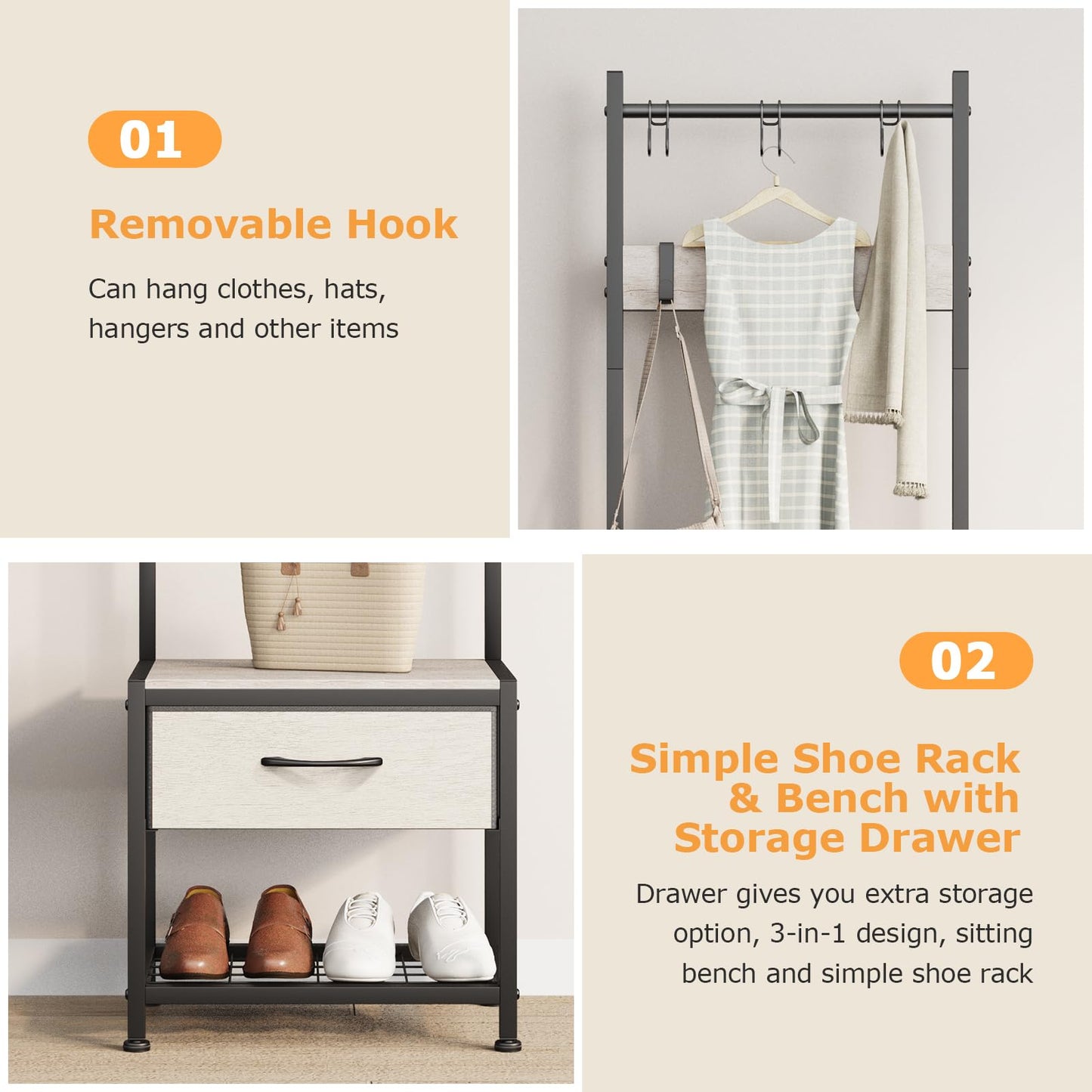 Narrow Coat Rack rustic Hall Tree Storage Unit 17.7"x12"x60.7" Greige