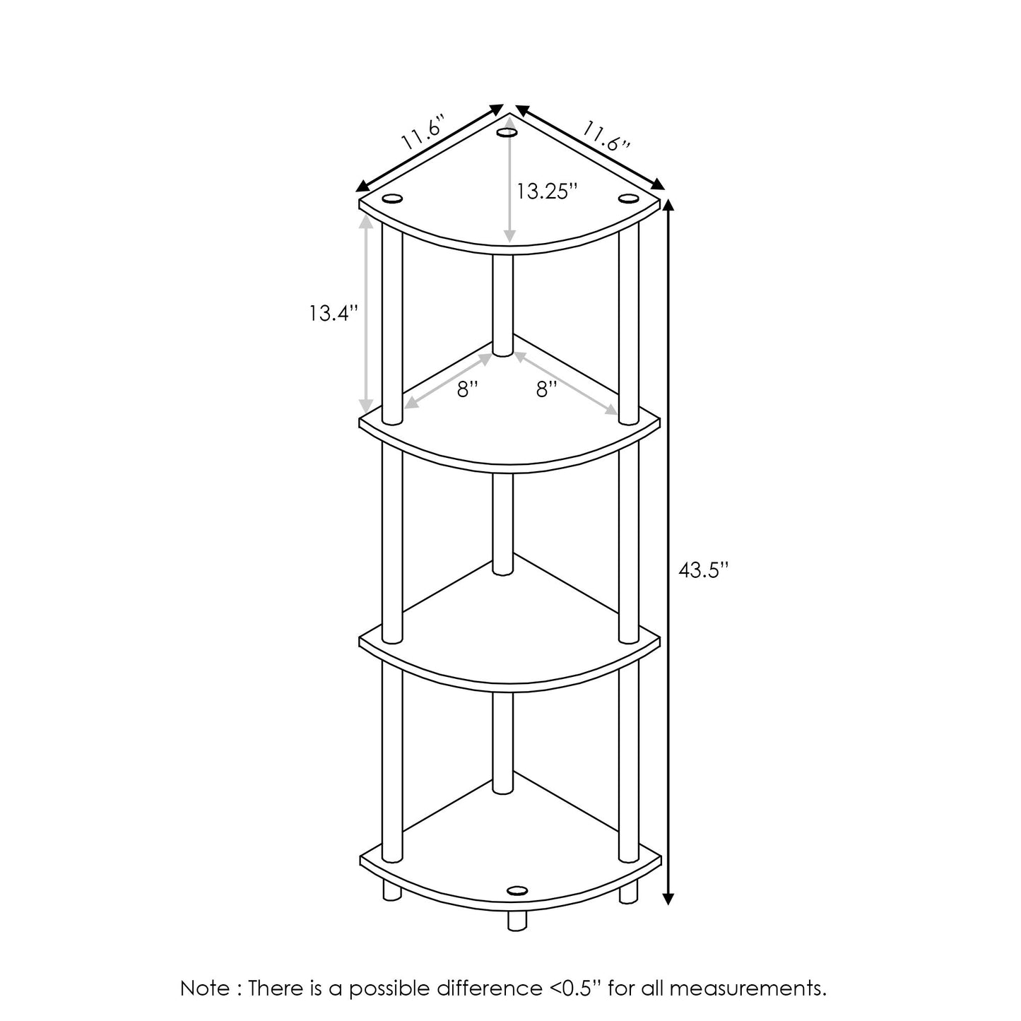 Furinno TURN-N-TUBE Toolless Assembly 4-Tier Corner Shelf, Black Corner Book Shelf, Open Shelves Bookshelf, for Organization and Storage, Living Room