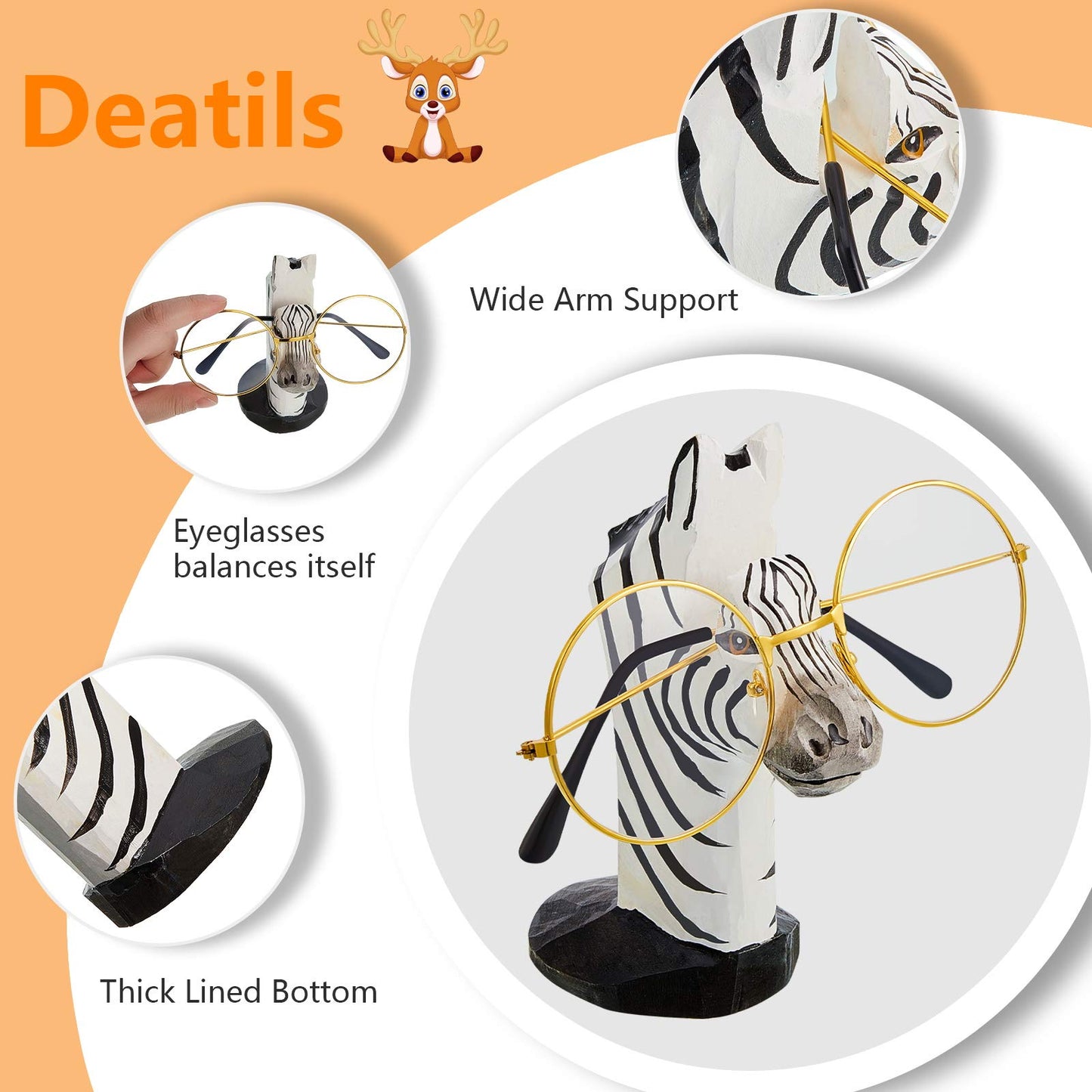 Weewooday 2 Pcs Wooden Animal Eyeglass Holder Hand Carved,Giraffe, Zebra