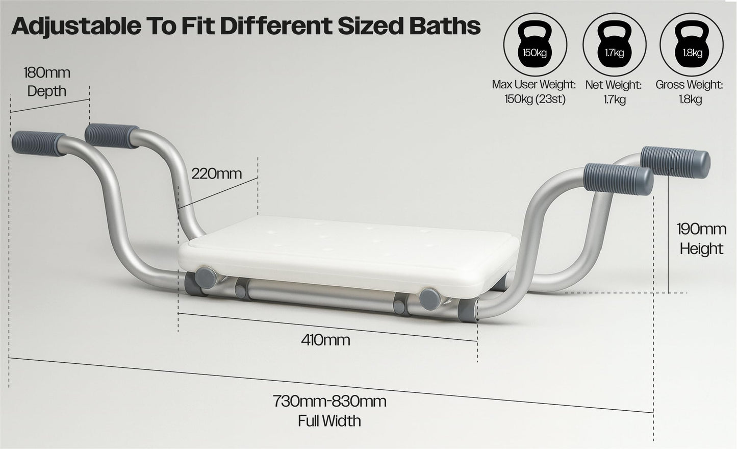 Aidapt Suspended Bath Seat with Telescopic Arms – Adjustable 73–83cm | Non-Slip Handles
