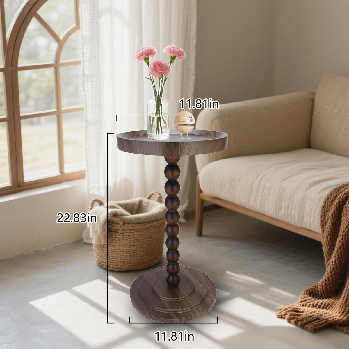 YYW Round Side Table, C Table End Tables for Sofa, Small Bedside Table Walnut