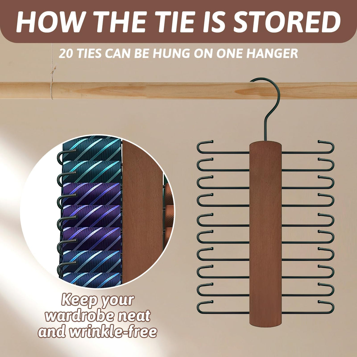 Tie Hanger for Wardrobe with 20 Non-Slip Storage Capacity 360 Rotating