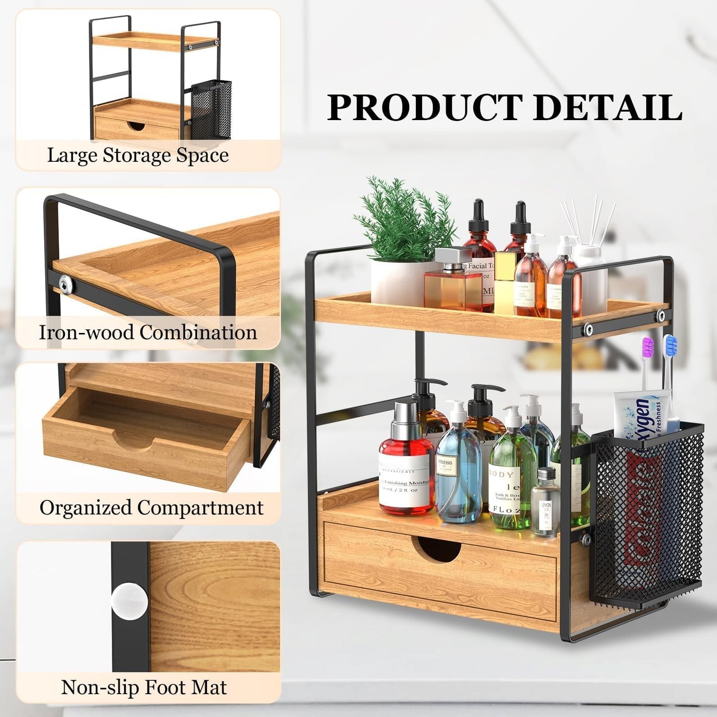 LEMIKKLE Skincare Perfume Organiser for Vanity, Bathroom Organiser Countertop, coffee station,Spice Rack 2-Tier Wood kitchen storage And organisation