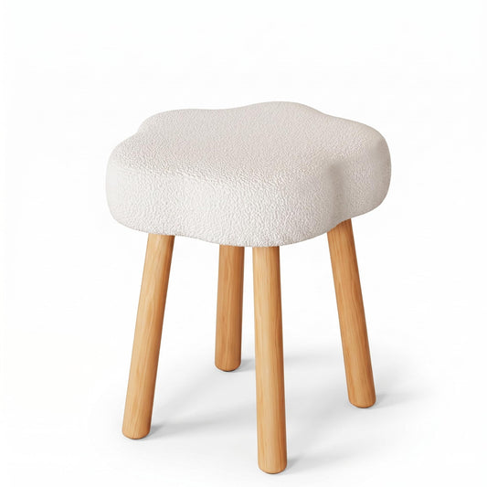 Cmishe Cloud Vanity Stool with Solid Beech Wood Legs, 20" Height Boucle Makeup Chair for Bedroom, Flower Shaped Upholstered Ottoman