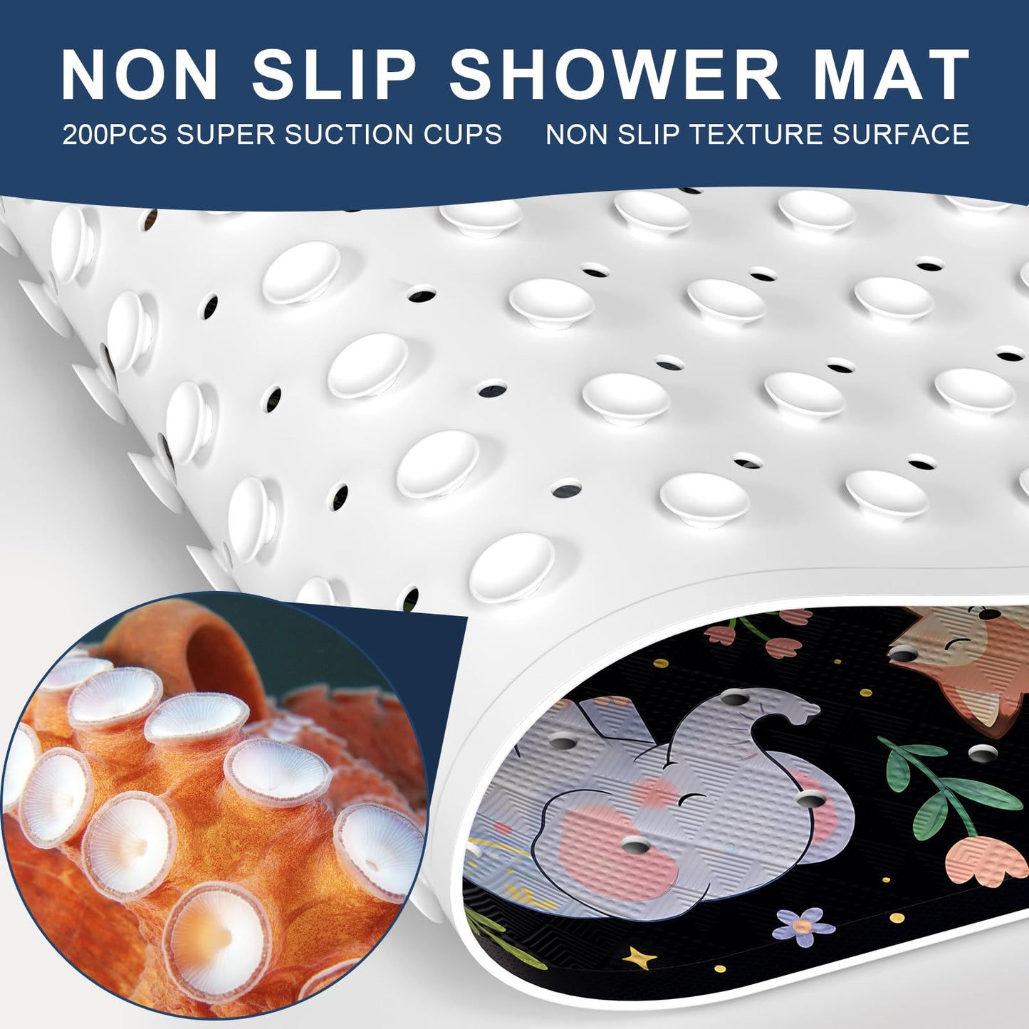 XIYUNTE Baby Bath Mats Non Slip Anti Mould, Cartoon Kids Bath Mat Non Slip, 100x40cm Extra Large Baby Shower Bath Mat with Suction Cups & Drain Holes