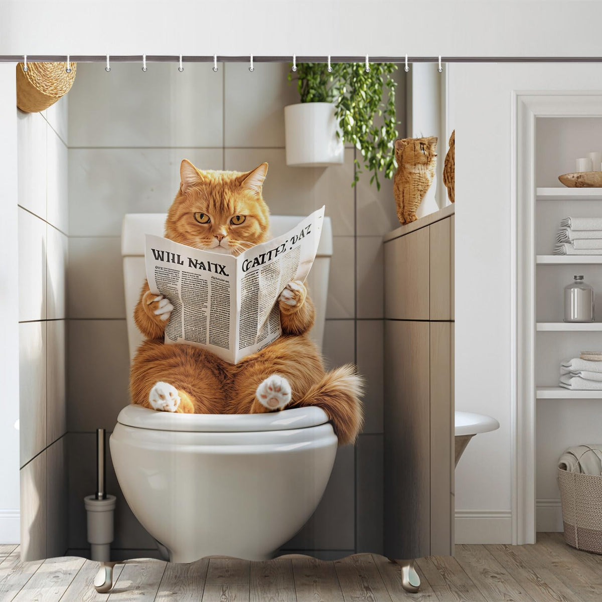 ASDCXZ Funny Cat Shower Curtain 180x200 cm, Cute Kitten Reading Newspaper Kids Bathroom Animal Hilarious Waterproof Bath Curtain Polyester Textile