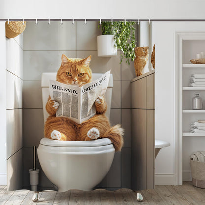 ASDCXZ Funny Cat Shower Curtain 180x200 cm, Cute Kitten Reading Newspaper Kids Bathroom Animal Hilarious Waterproof Bath Curtain Polyester Textile