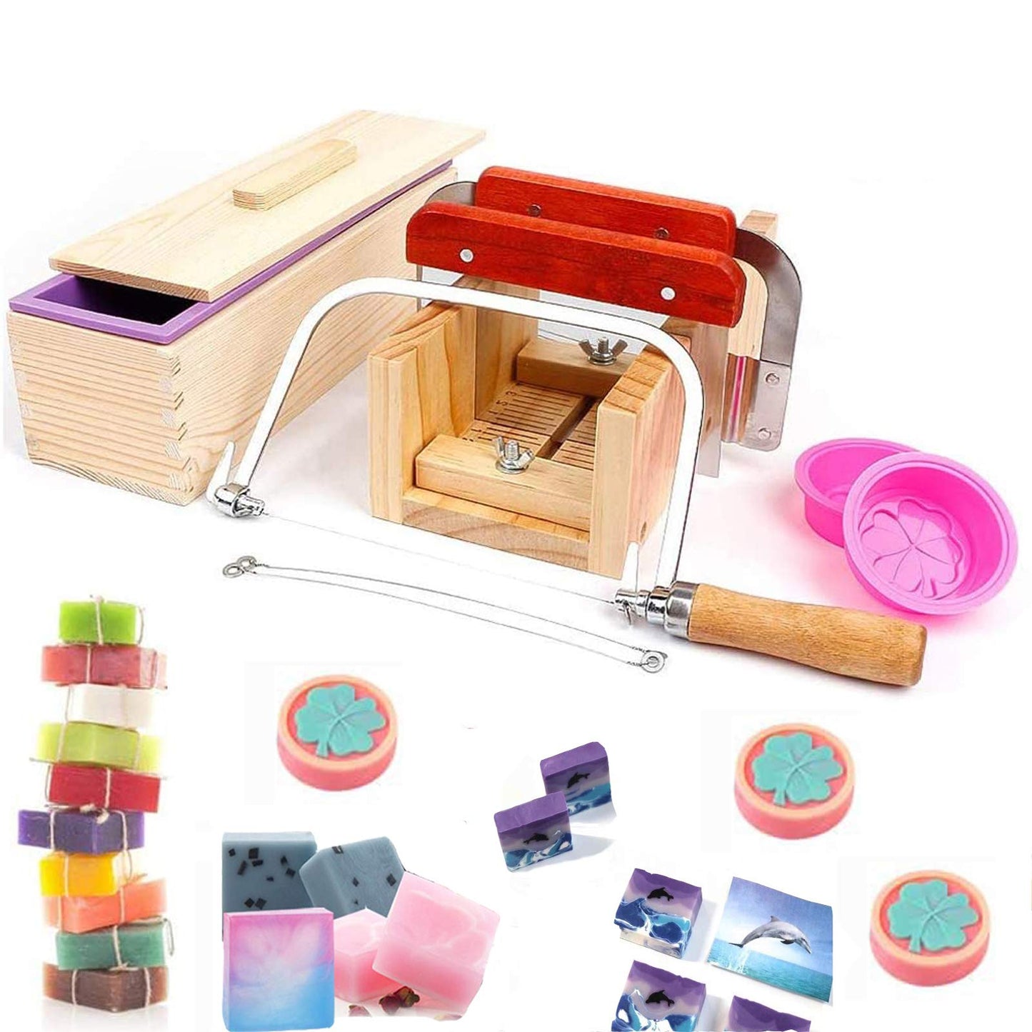 Hard Pine Adjustable Wood Soap Cutter Slicer Box Set - Art Craft Soap Making Loaf Mold Wire Cutter with Handmade Silicone Soap Loaf Mould and 3 Pcs