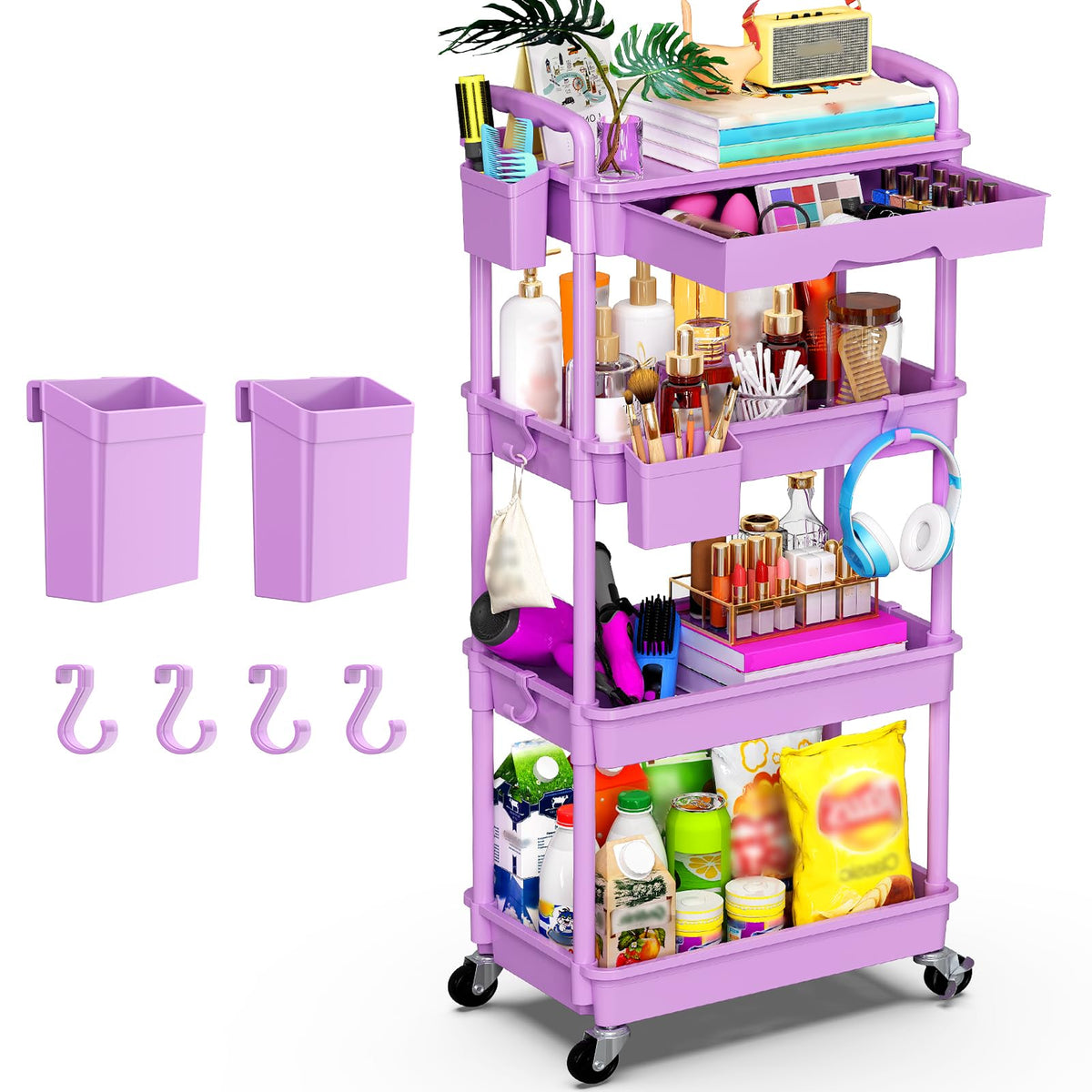Yeabett 4 Tier Storage Trolley with Drawer, Utility Cart with Plastic Shelf & Lockable Wheels Multifunctional Storage Cart for Kitchen, Bathroom