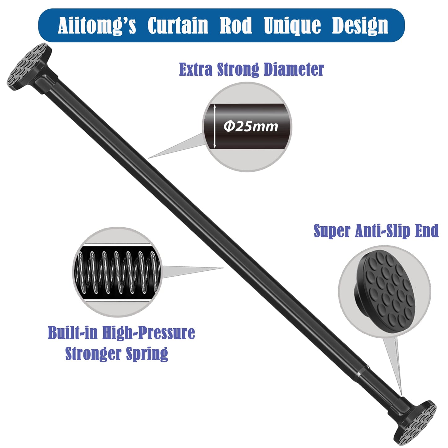 Curtain Pole No Drill Extendable Clothes Rail Shower Curtain Rail Telescopic Rod Curtain for Bathroom,Bedroom,Wardrobe White (48-70CM Φ25mm)