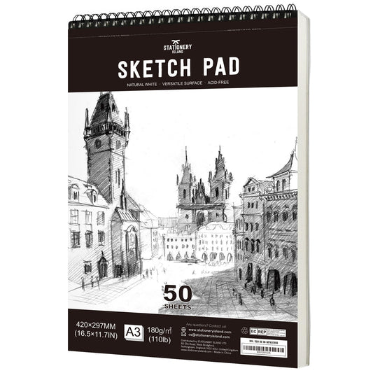 STATIONERY ISLAND Sketch Pad, A3 Sketch Book 180 g/m? Thick Paper, 100 Pages / 50 Sheets Spiral Bound Sketchbook 1 Pack