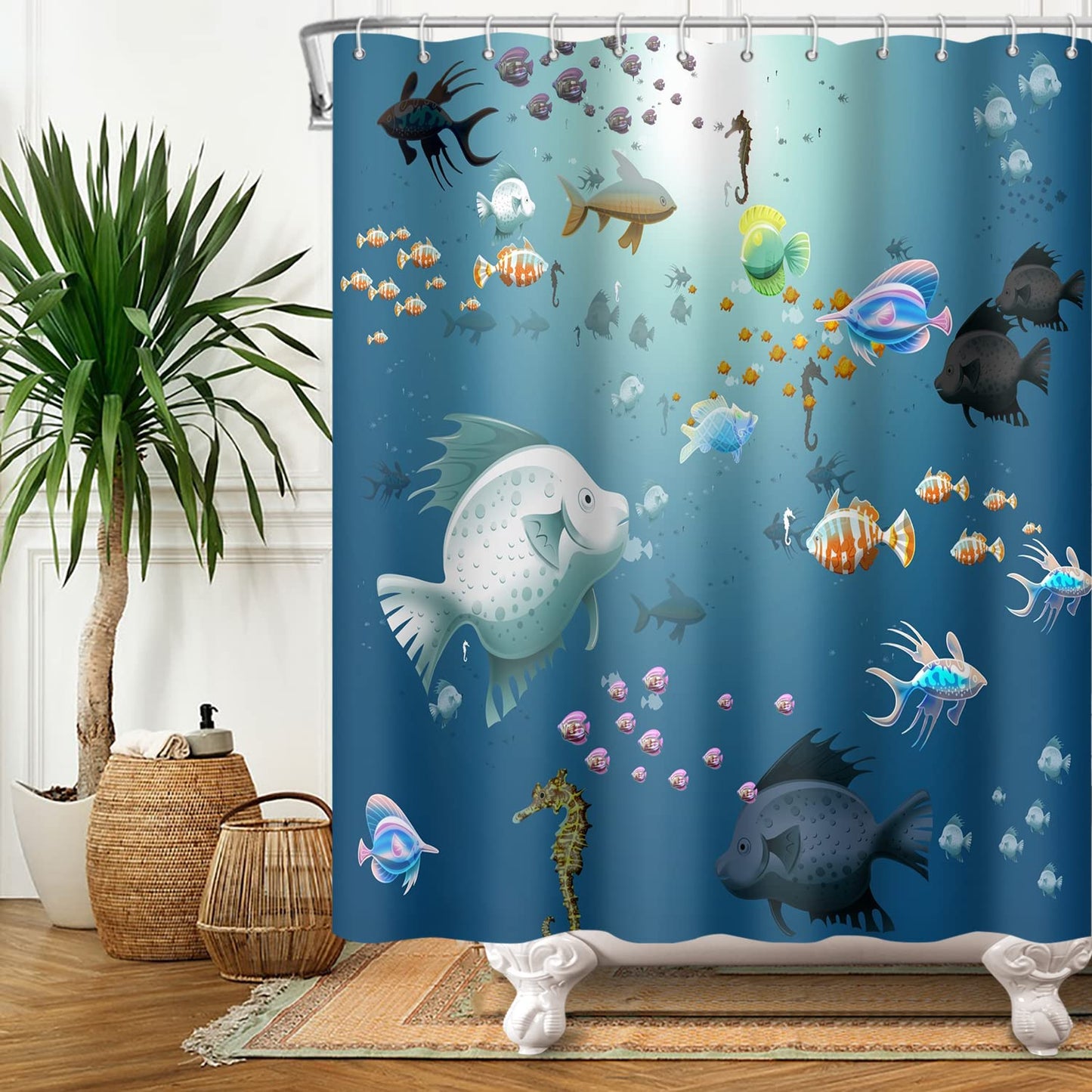 SDOTPMT 140x183cm Cartoon Fish Shower Curtain Colorful Tropical Fishes Hippocampus Marine Animal Bath Curtain Blue Ocean Bathtub Curtain for Bathroom