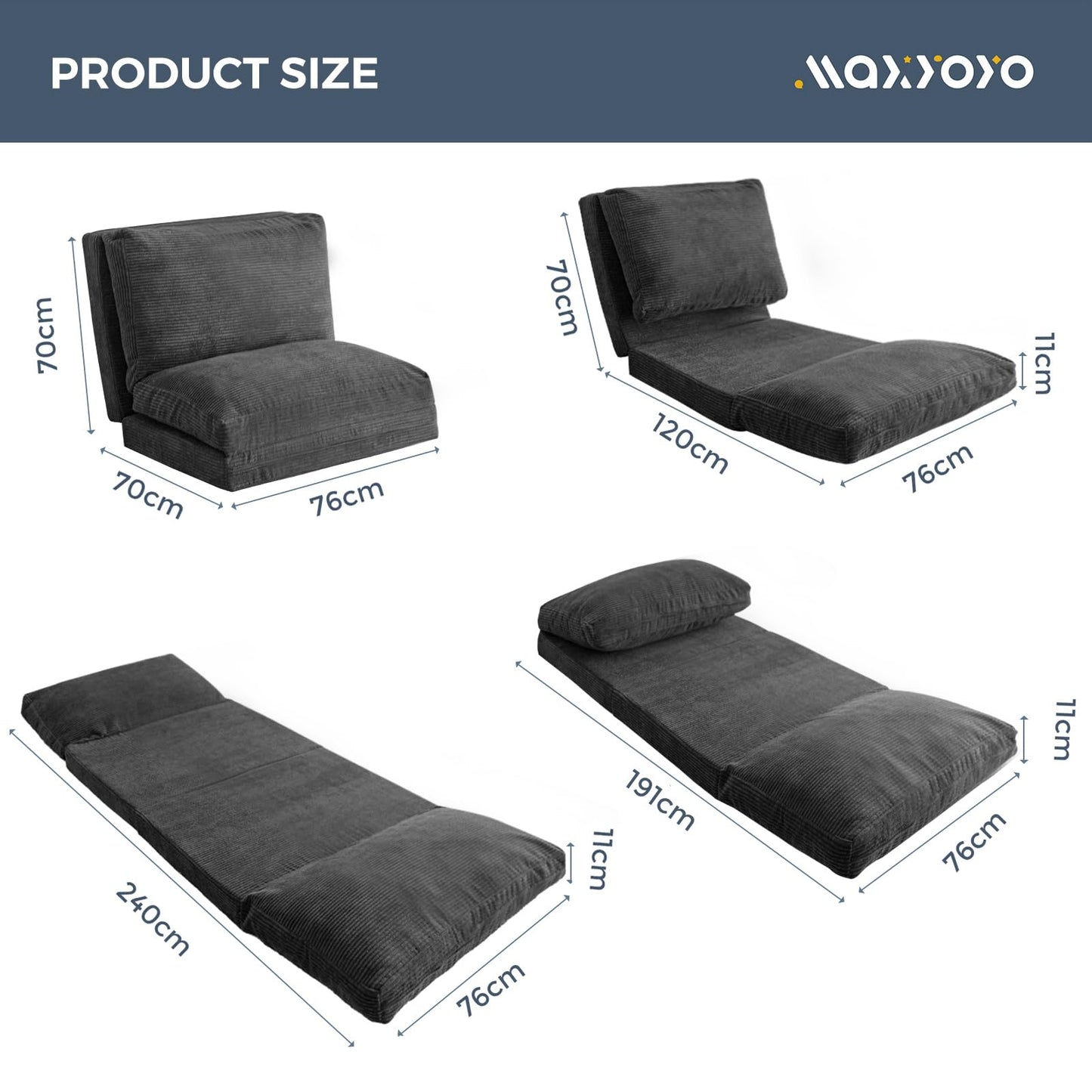 MAXYOYO Folding Corduroy Sofa Bean Bag Bed Chair Foam Filling Extra Thick 4 Fold Floor Couch Matress for Adults