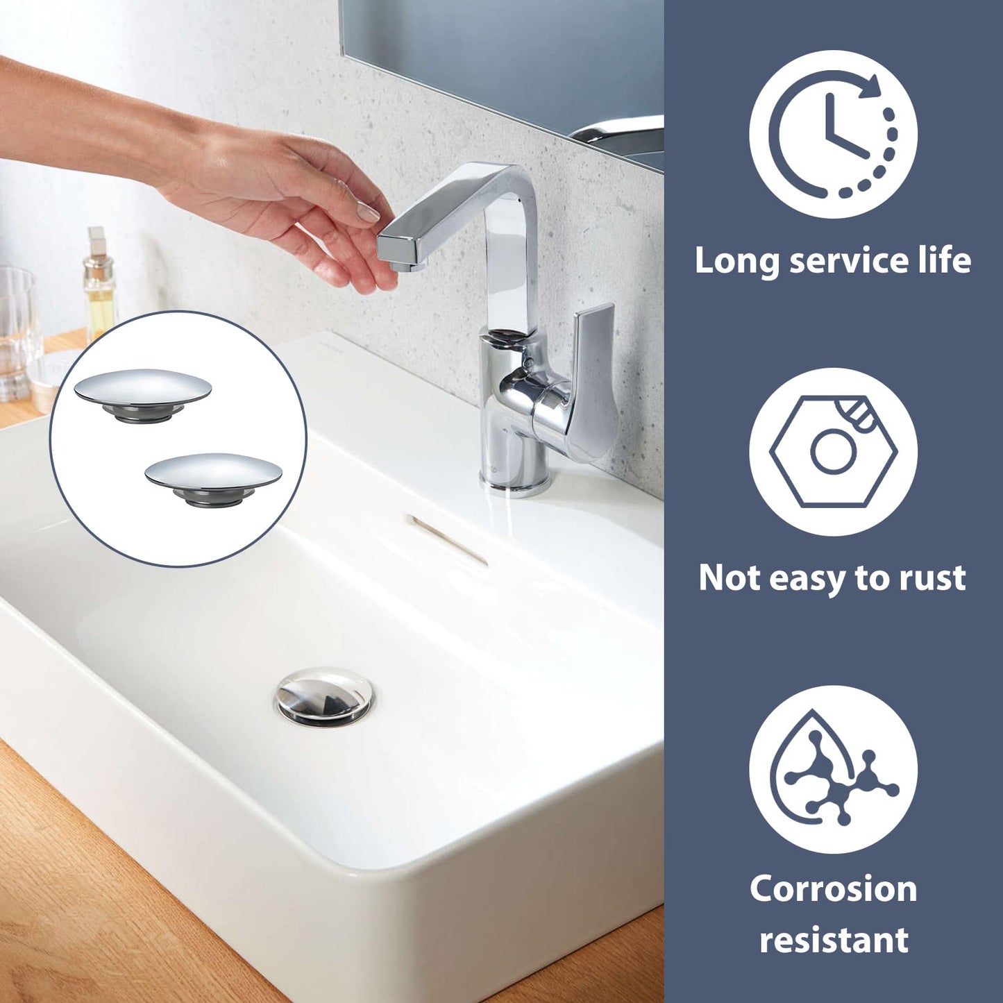 2 Pcs Bathroom Sink Push Button Replacement Parts, Easy Pop Up Bathroom Sink, 66mm Push Button Pop Up Sink Waste Drain Stopper