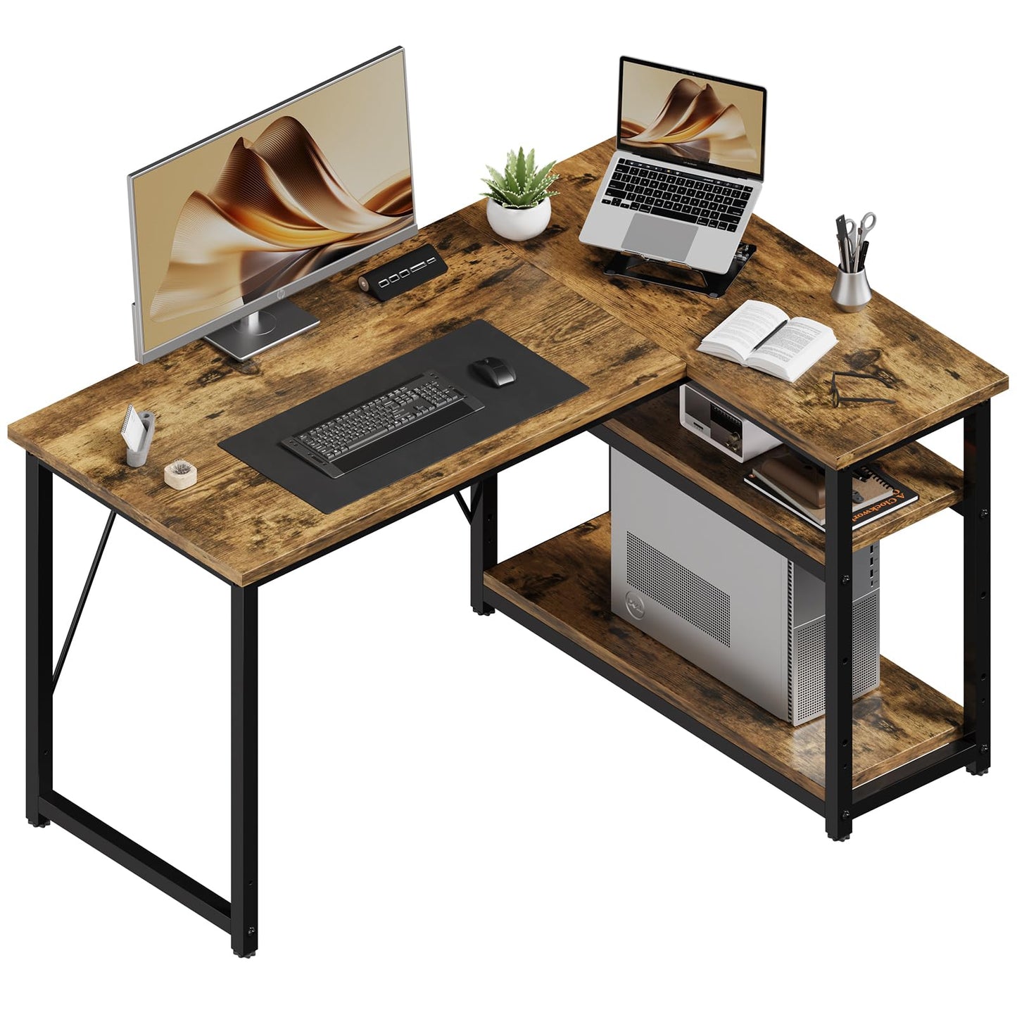 JUMMICO Small L Shaped Desk 100x80cm with Storage, Corner Computer Desk with Reversible Shelf, Sturdy Office Desk & Workstations for Home Office