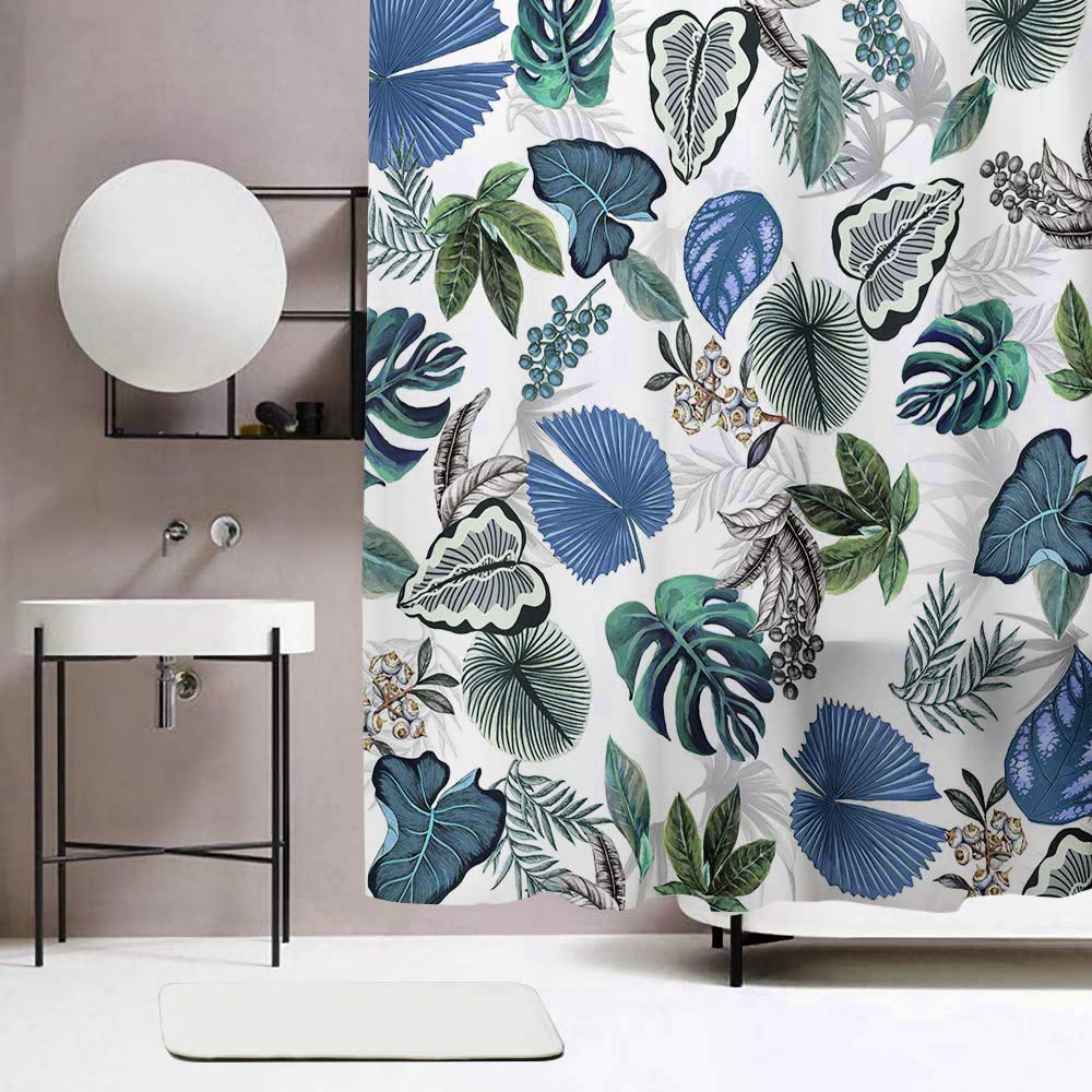 Obal Tree Leaves Shower Curtain, Blue Grey Green Foliage White Background Bath Curtains Water Resistant Mould Free Polyester Fabric Heavy Weight Home