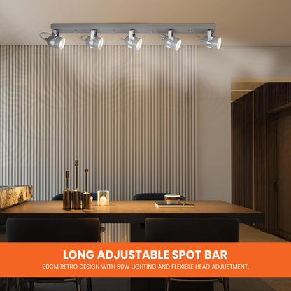 UKEW Modern 5 Way Ceiling Spotlight - Straight Bar Long 90CM Spot Bar 50W Lights Adjustable Retro Heads - GU10 LED Fitting for Bedroom Restaurants