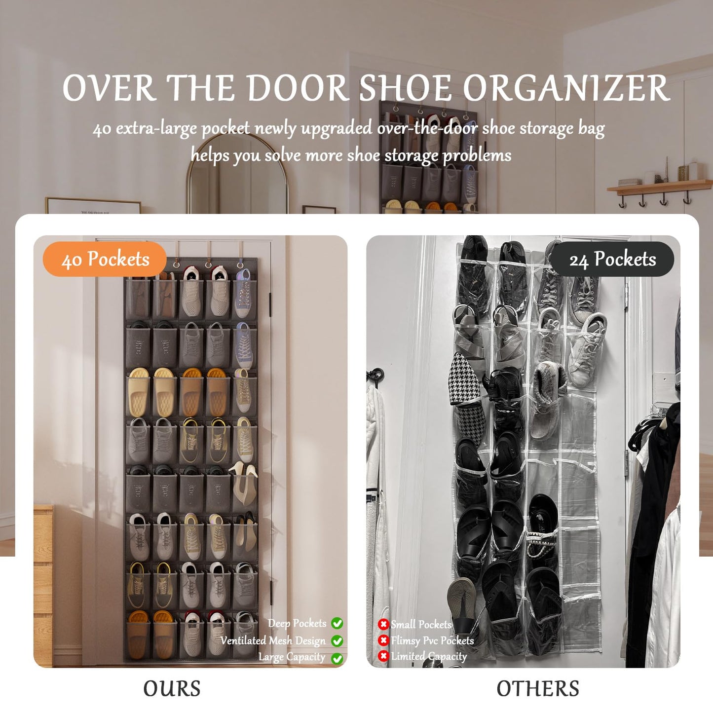 VERONLY Over the Door Shoe Organiser, 40 Large Breathable Mesh Pocket,Space Saving Hanging Shoe Rack,Shoe Storage Holder for Entryway Bedroom Closet