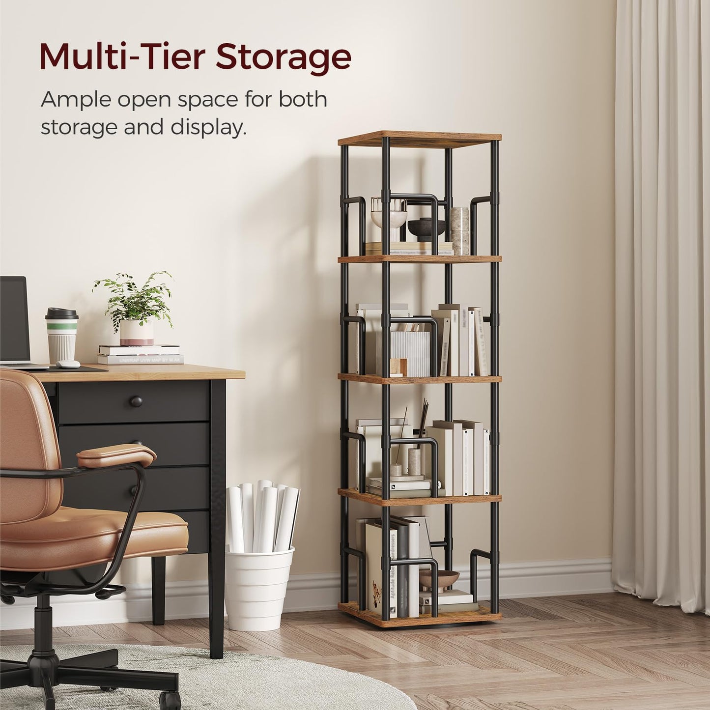 MAHANCRIS Rotating Bookshelf, 4-Tier Spinning Bookcase, 360° Revolving Bookcase, Storage Turning Shelf with Rails for Corner, Living Room, Bedroom