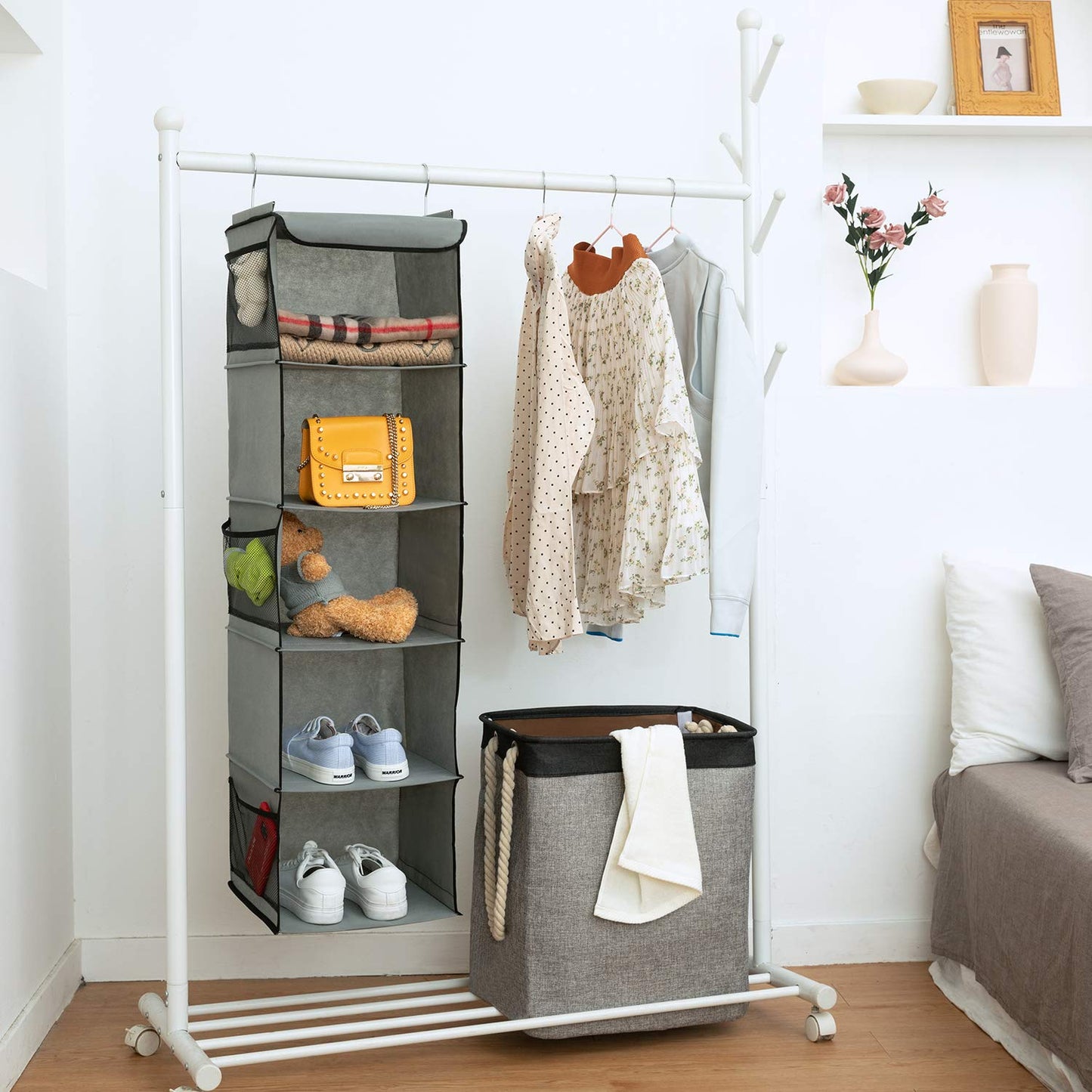 BrilliantJo Hanging Storage with 5 Shelves Set of 2 Wardrobe Closet Organiser, Storage Shelves Unit with 6 Pockets for Clothes - Grey 108H x 30W x 30L