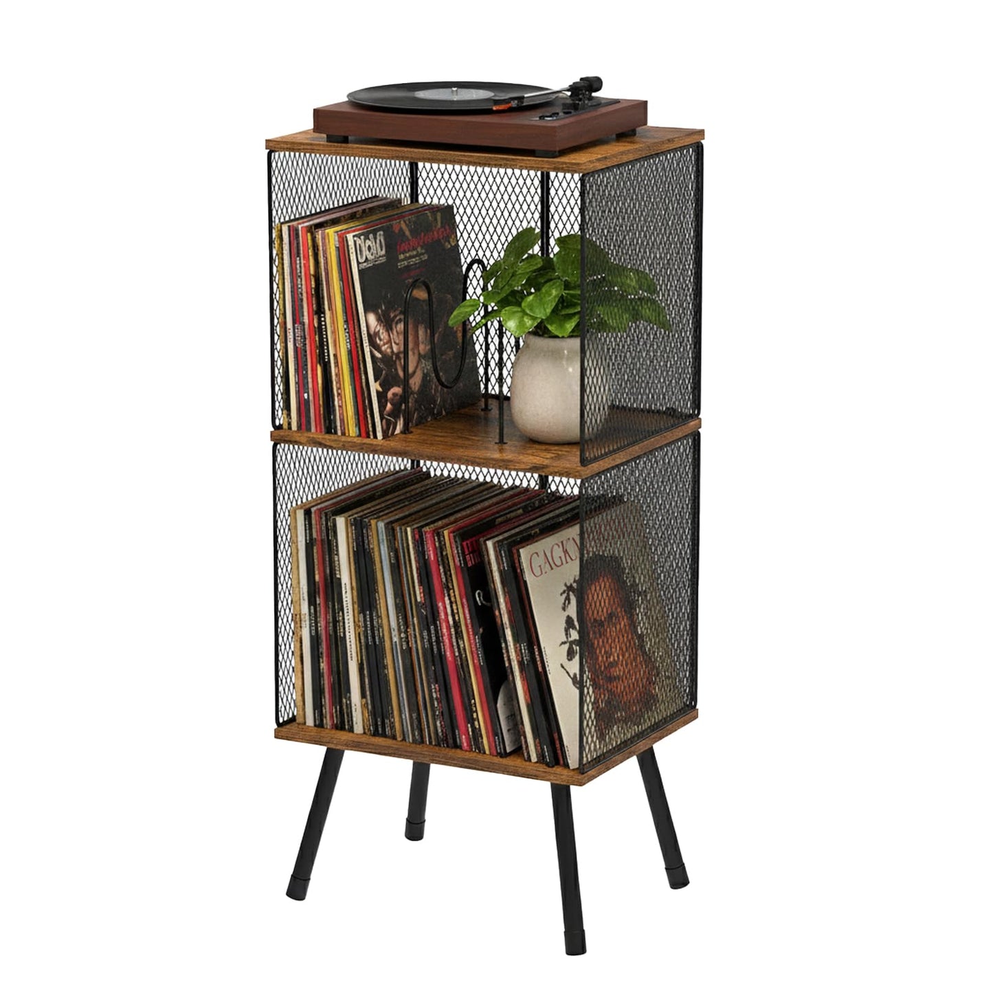 Kryntex 3-Tier Record Player Stand, Turntable Table with Vinyl Storage for 200 LPs, Corner Record Holder with Adjustable Dividers