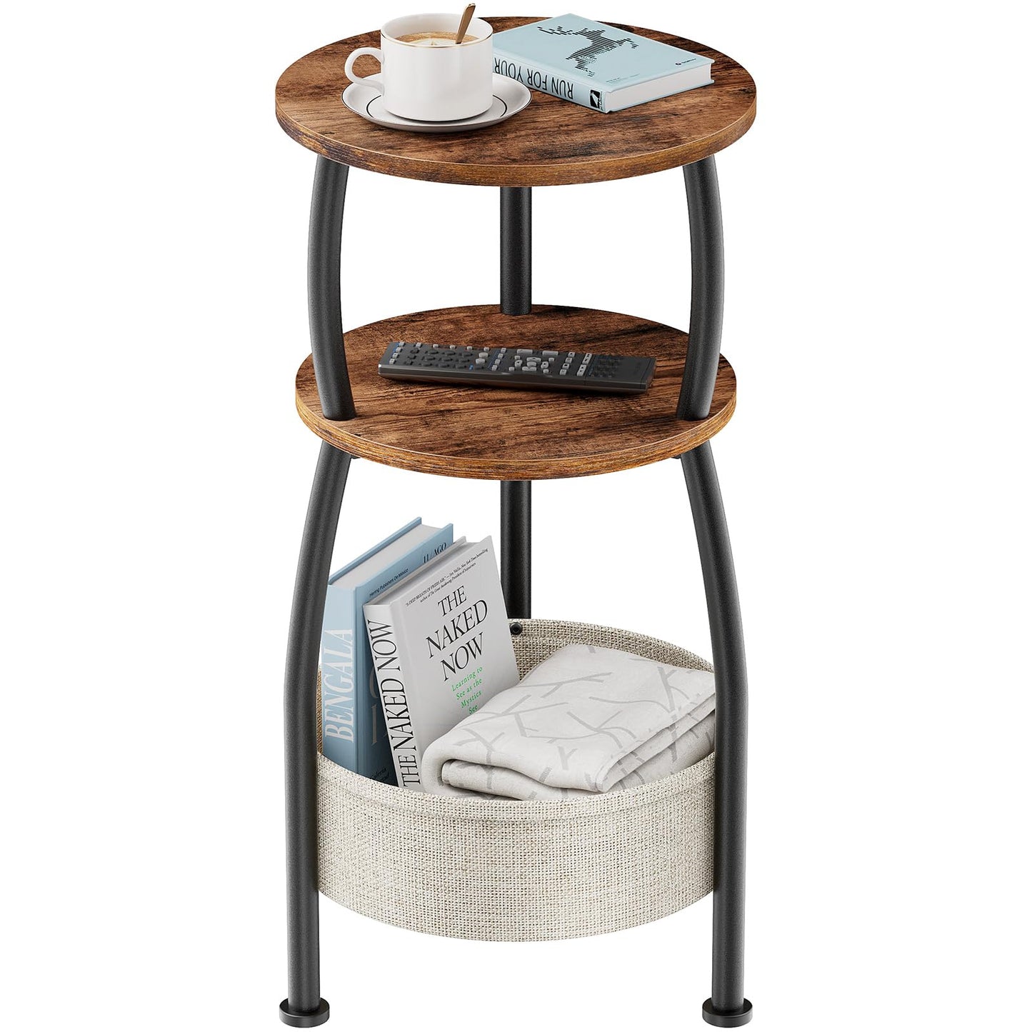 Yuede Round Side Table, 3 Tier Bedside Table, Small End Table with Fabric Basket, Coffee Table for Living Room, Bed Room, Small Space, Easy Assembly
