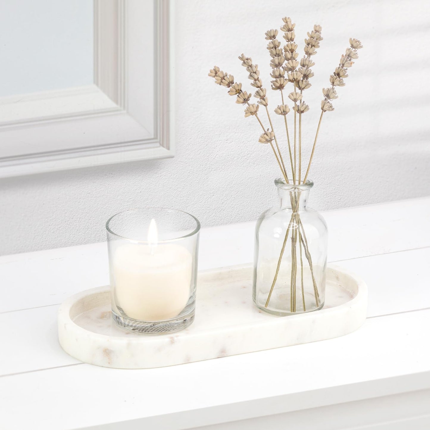 EHC Natural Marble Bathroom Vanity Tray - Oval, White, 25 x 11.5 x 2 cm - Countertop Sink Storage Tray Organiser for Cosmetic, Perfume, Home Decor