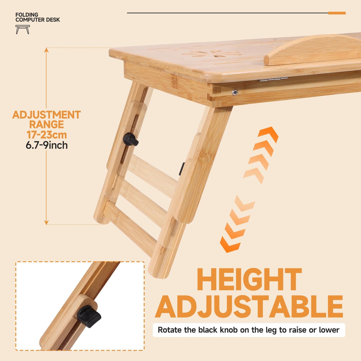 Adjustable Bamboo Laptop Desk with Cooling Fan, Foldable Bed Tray for Breakfast, Writing, and Drawing, with Tilting Top and Drawer