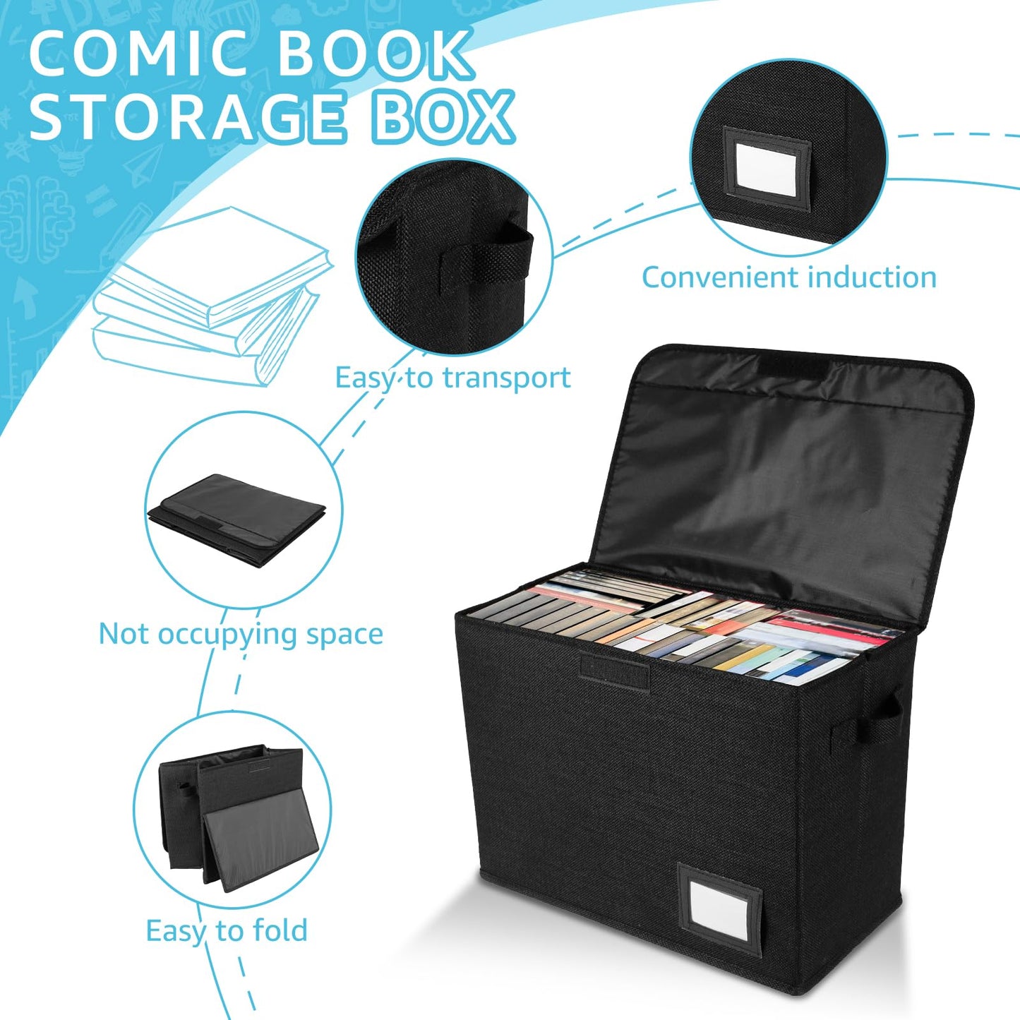Jokapy Comic Book Storage Box with Lid 15.74x7.87x11.8 inch Foldable Storage Basket with Handles Label Slot Comic Book Organizer Boxes Storage