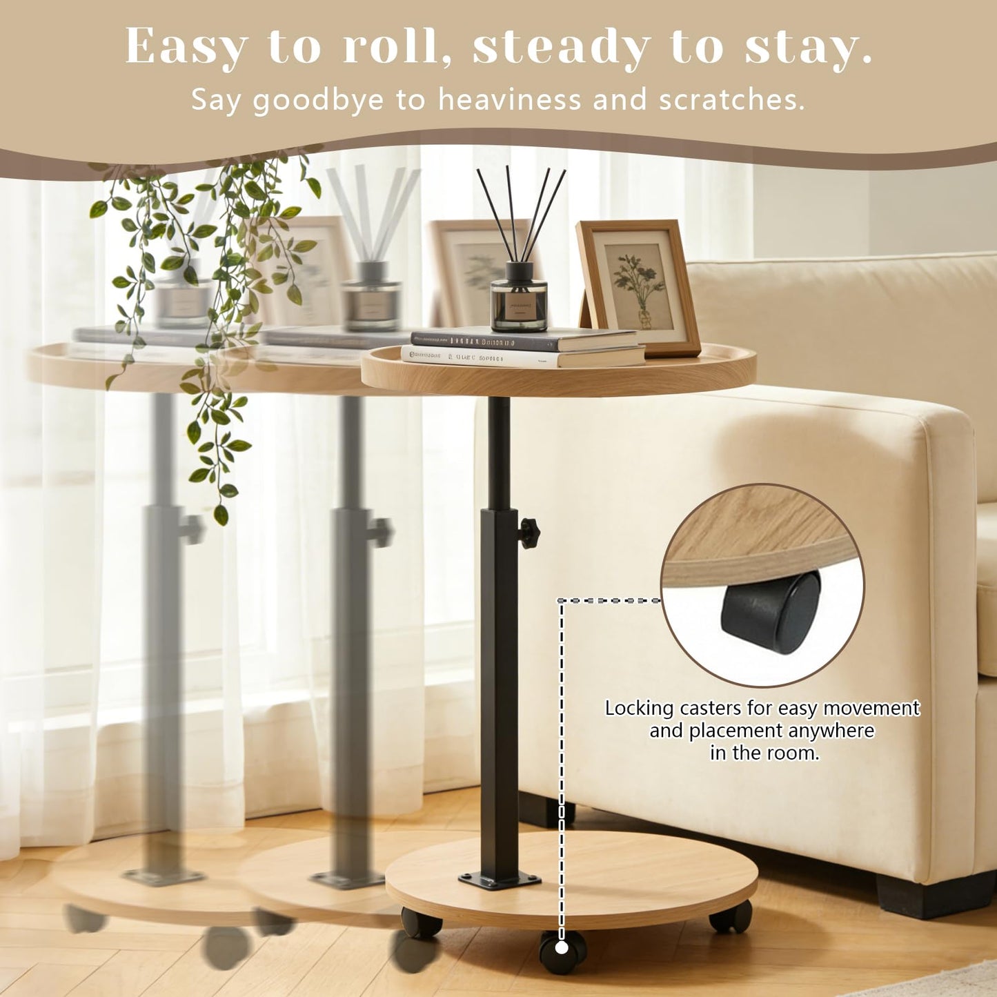 YYW C Shaped End Table Adjustable Height, Couch Tables That Slide Under for Small Spaces, 360°Swivel TV Tray Table