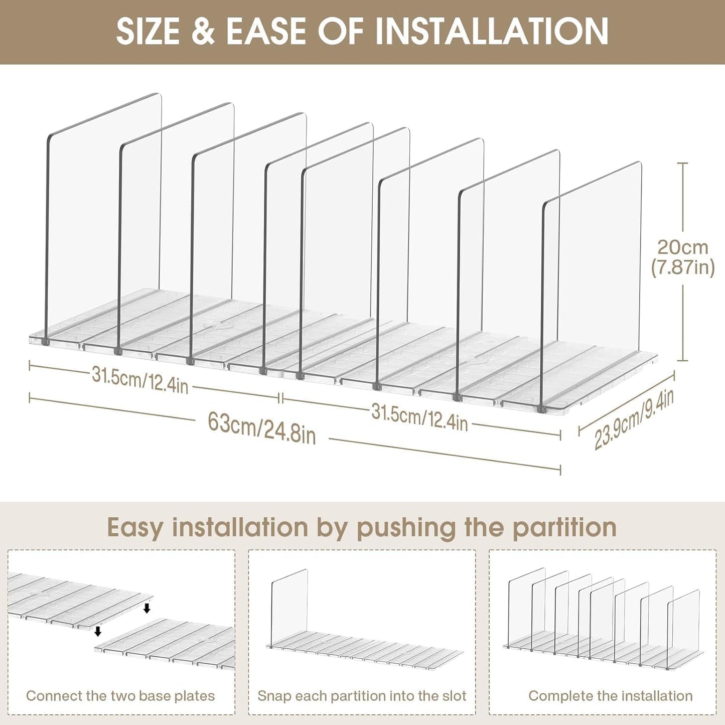 DoubleCare Pack of 8 Shelf Dividers, Adjustable Pocket Dividers, Transparent Acrylic Shelf Dividers, Transparent Handbag Organiser for Cupboards