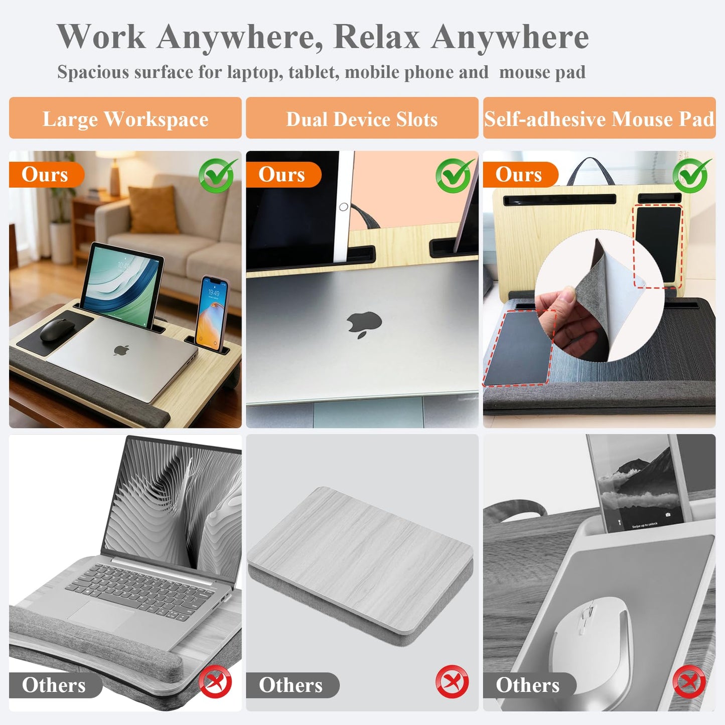Yaong Gauo Laptop Desk for Bed, Lap Desk with Cushion, Laptop Stand for Bed, Fits up to 17.3” laptop, Tablet and Phone Holder with Cellphone Stand