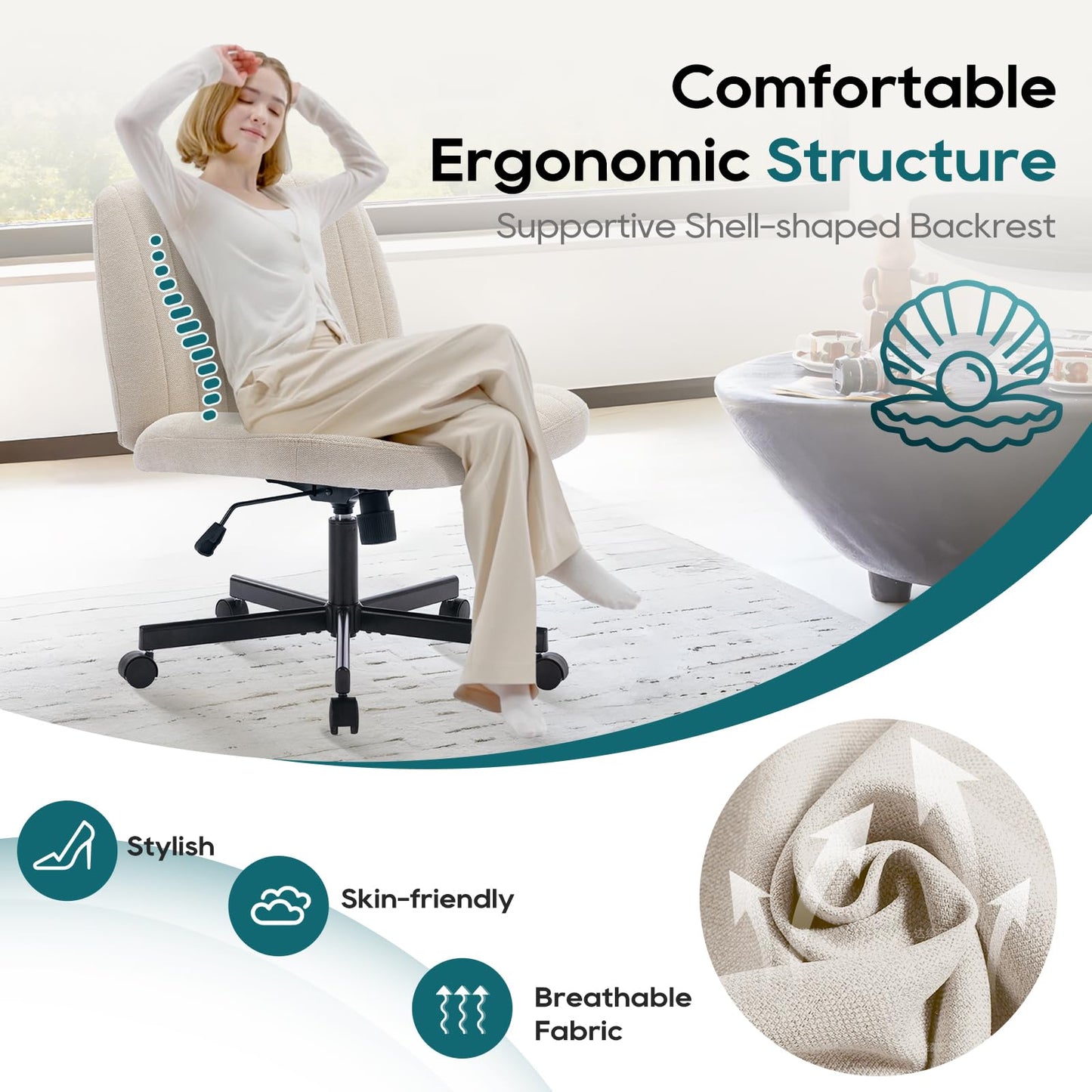 COLAMY Wide Office Chair, Padded Armless Task Vanity Chair Swivel Home Office 115°Rocking Mid Back Ergonomic Computer Chair for Home Working, Make Up