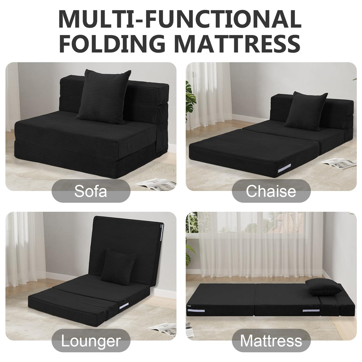 MeMoreCool Folding Mattress Single, Corduroy Fold Out Sofa Bed, Grey