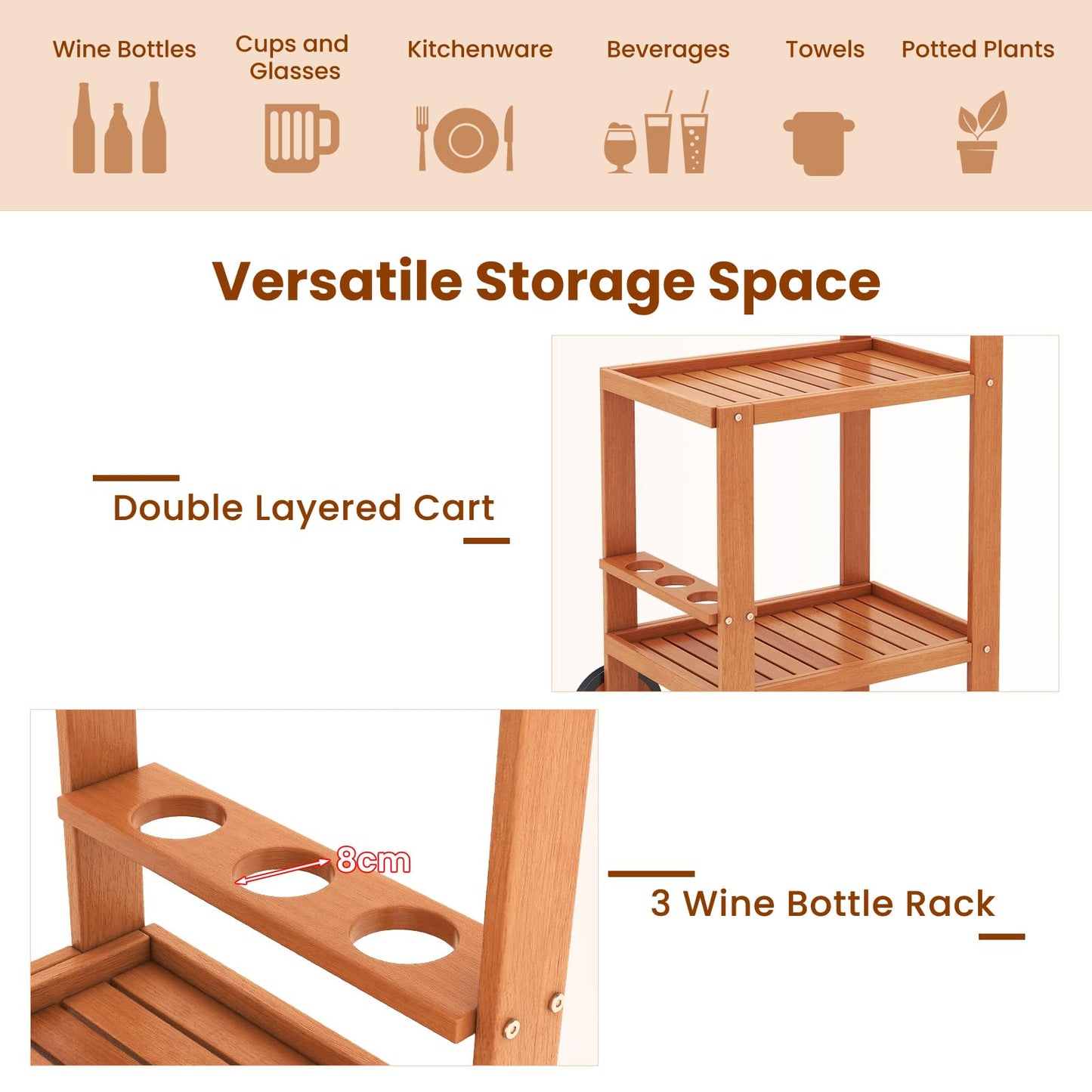 GiantexUK 2-Tier Serving Trolley, Wooden Bar Cart with Wine Bottle Holders, 2 Wheels & Handle