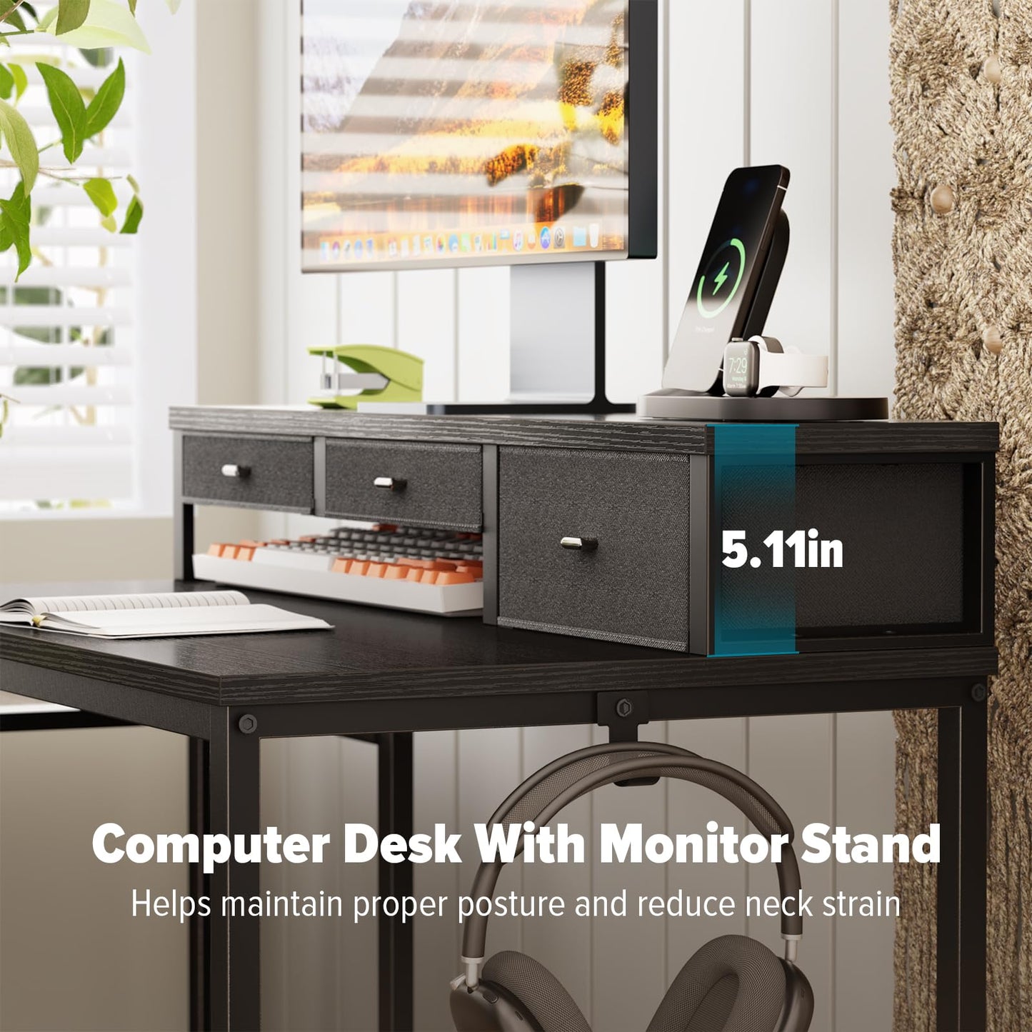 WOHOMO 120cm Computer Desk with 3 Drawers, Printer Shelf and Monitor Stand