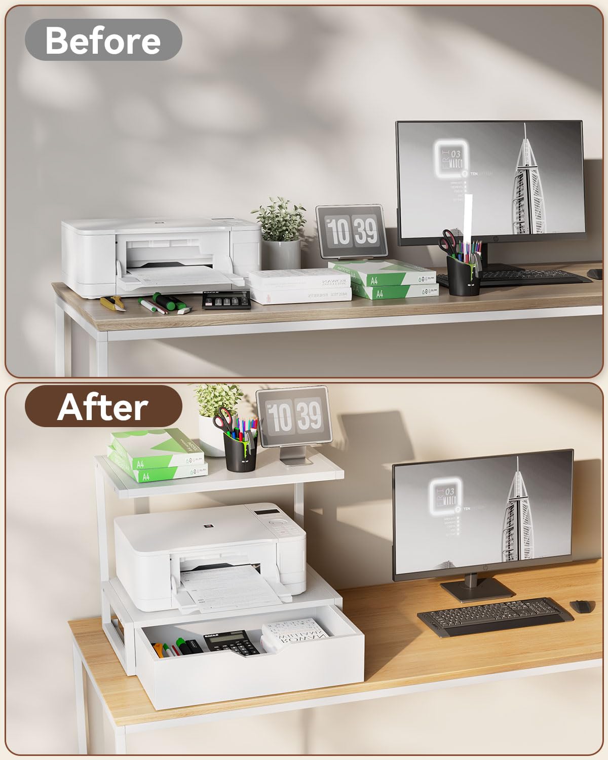IBUYKE 2 Tier Desktop Printer Stand,Printer Table with Storage Shelf,Multi-Purpose Desk Organizer for Folders,Books,for Fax Machine