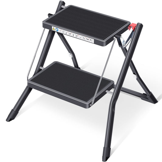 KINGRACK Step Ladder, Double Side Folding Step Stool, 2 Step Portable Ladder with handdle, Large Platform, Slim Household Stepladder with